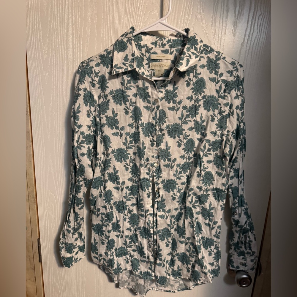 Cynthia Rowley White Linen Top with Teal Floral Print